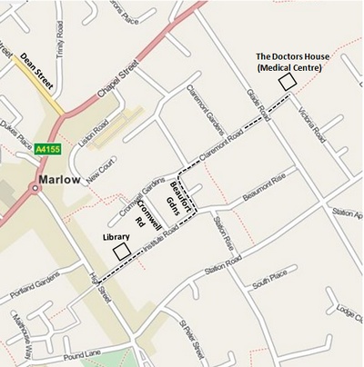 Map of route from the High St to the Doctors House in Victoria Rd